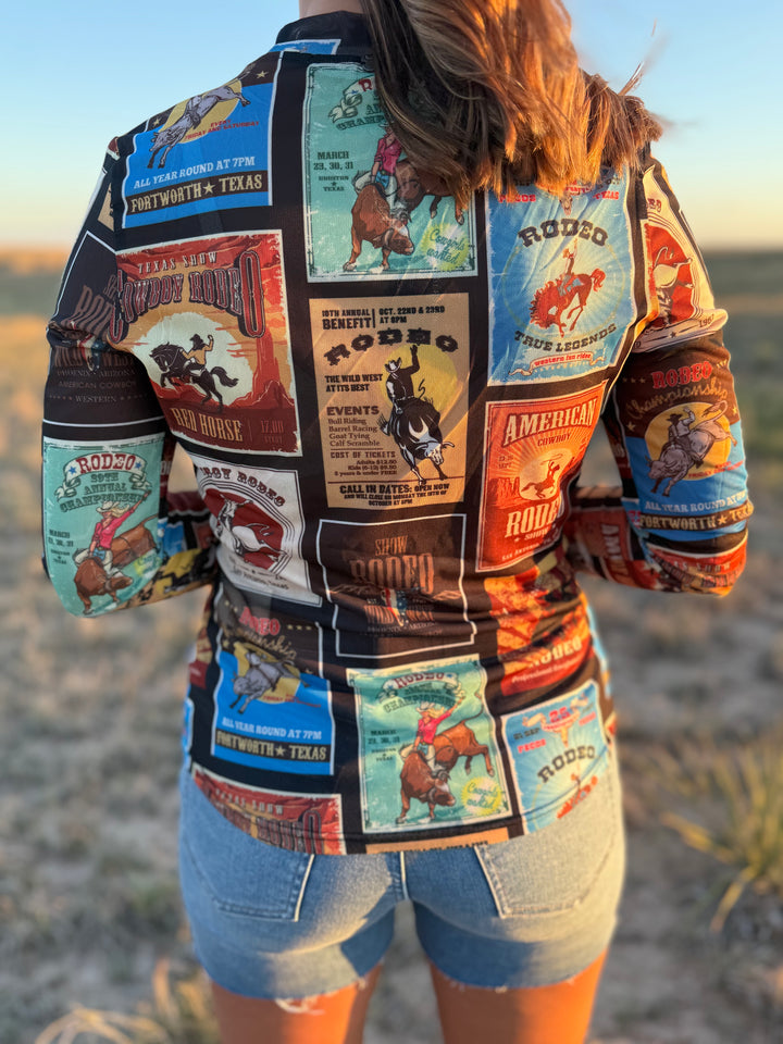 Texas Rodeo Collage Long Sleeve Mesh Top