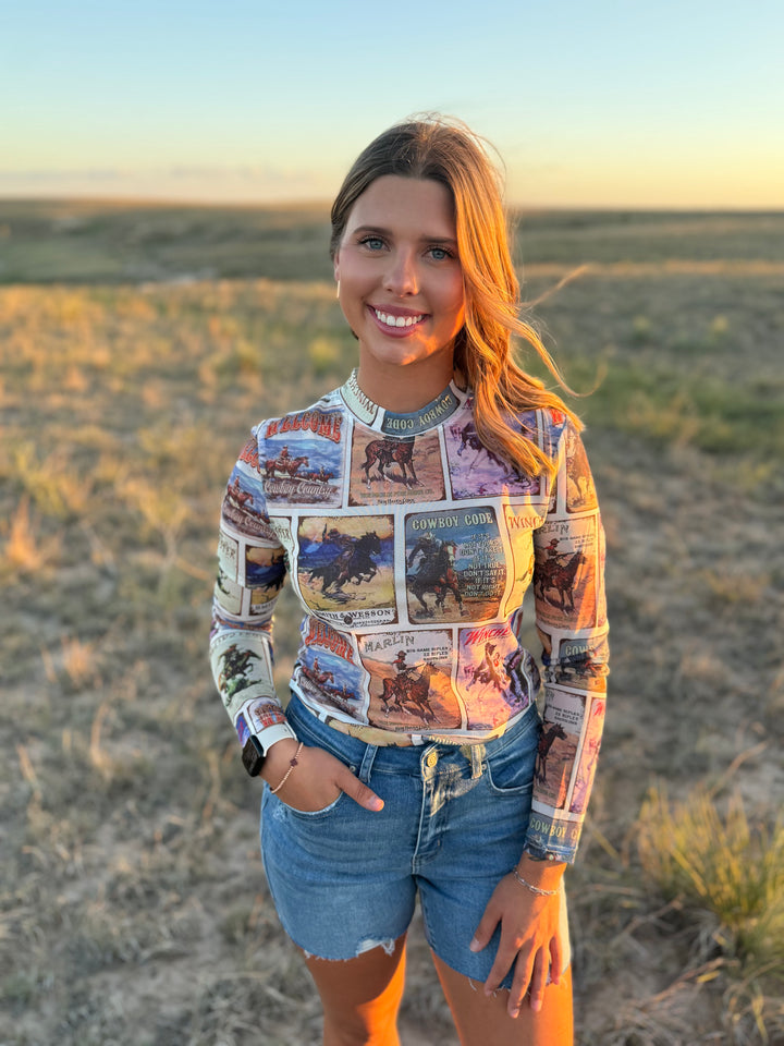 Vintage Western Collage Long Sleeve Mesh Top