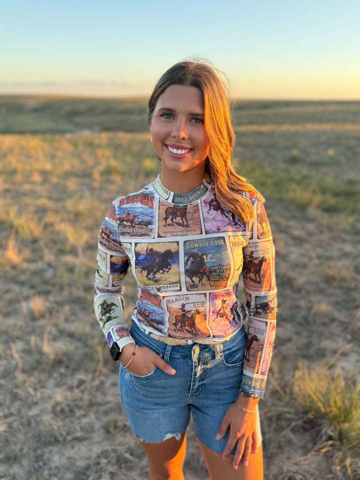 Vintage Western Collage Long Sleeve Mesh Top