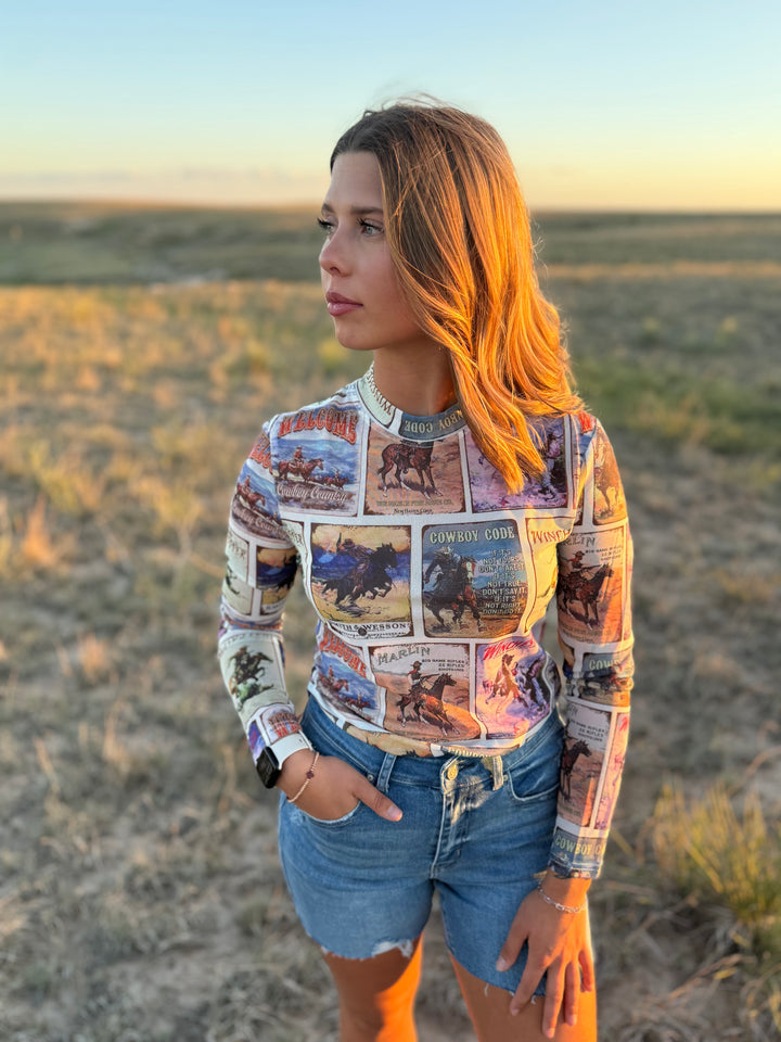 Vintage Western Collage Long Sleeve Mesh Top