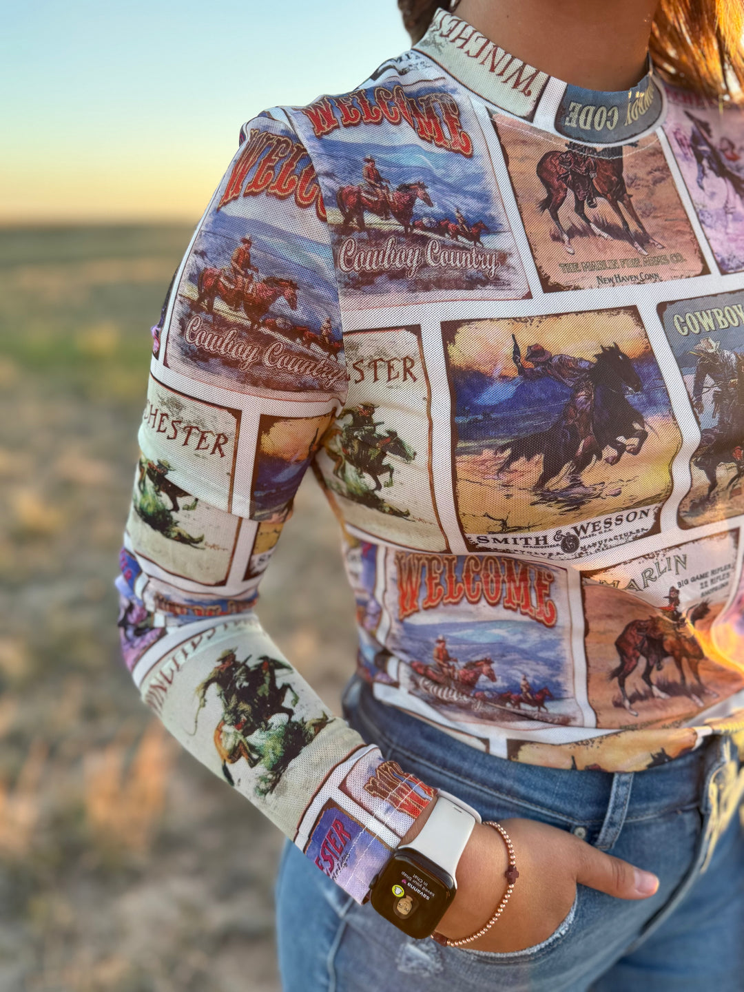 Vintage Western Collage Long Sleeve Mesh Top