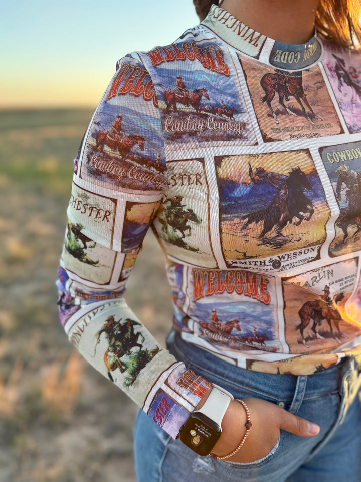 Vintage Western Collage Long Sleeve Mesh Top