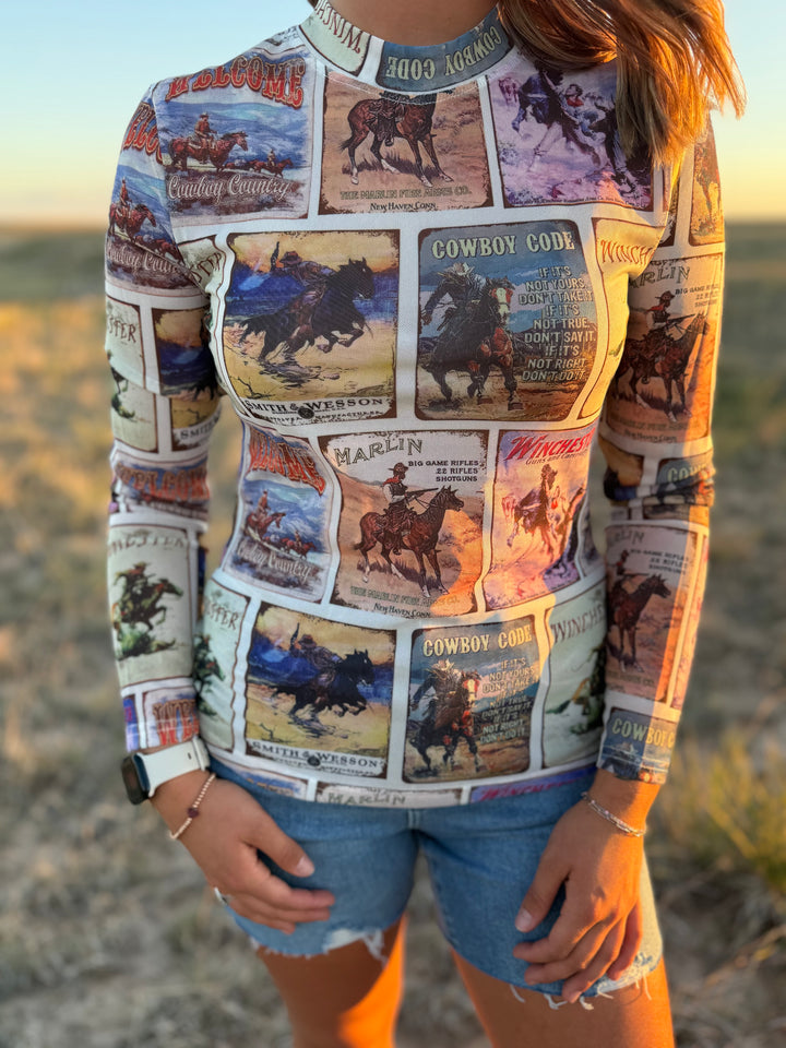 Vintage Western Collage Long Sleeve Mesh Top