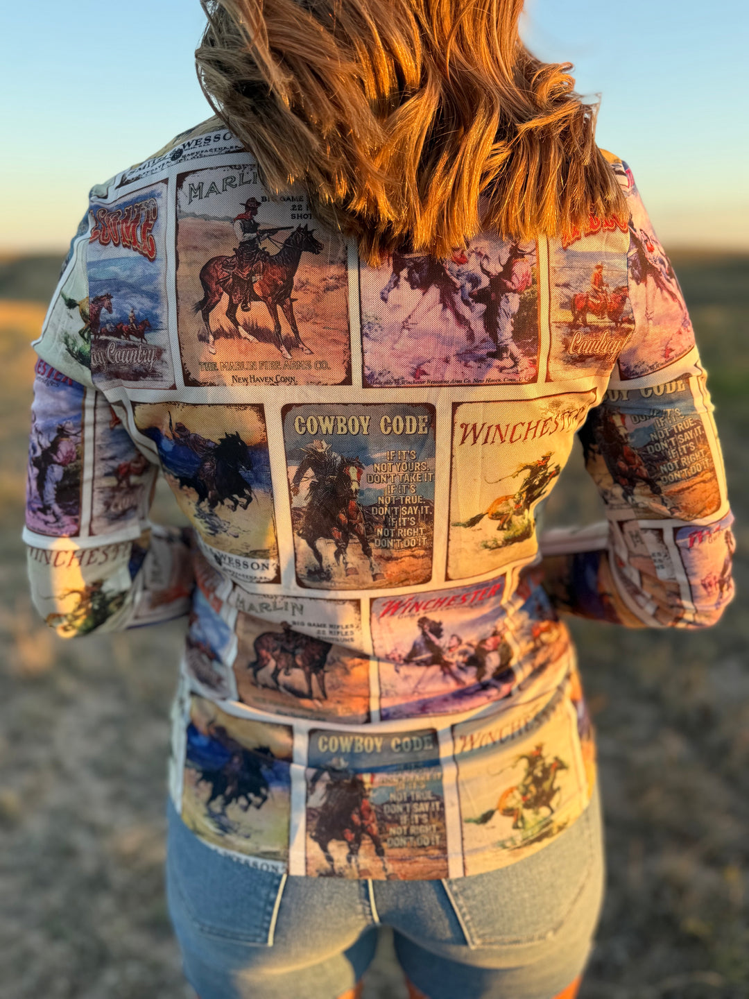 Vintage Western Collage Long Sleeve Mesh Top