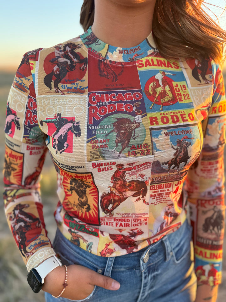 Vintage Rodeo Collage Long Sleeve Mesh Top