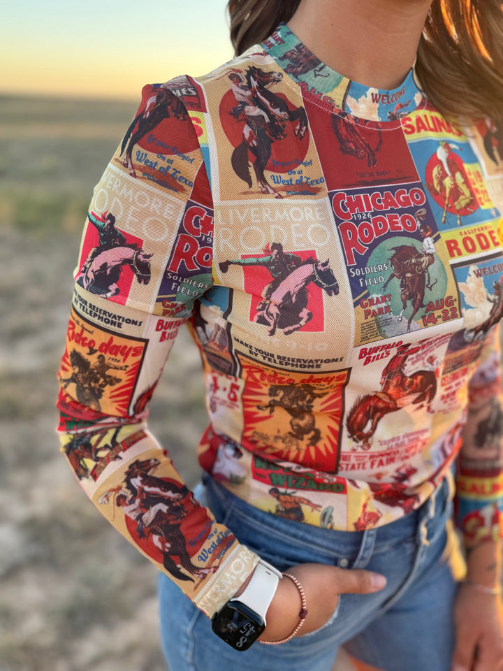 Vintage Rodeo Collage Long Sleeve Mesh Top