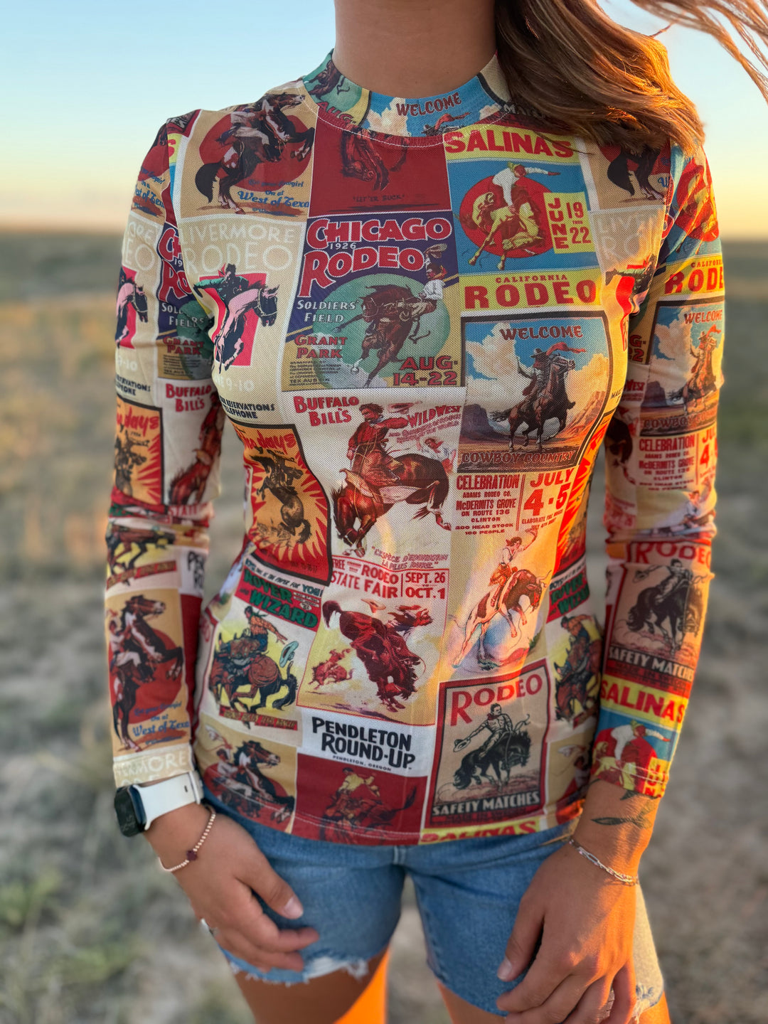 Vintage Rodeo Collage Long Sleeve Mesh Top