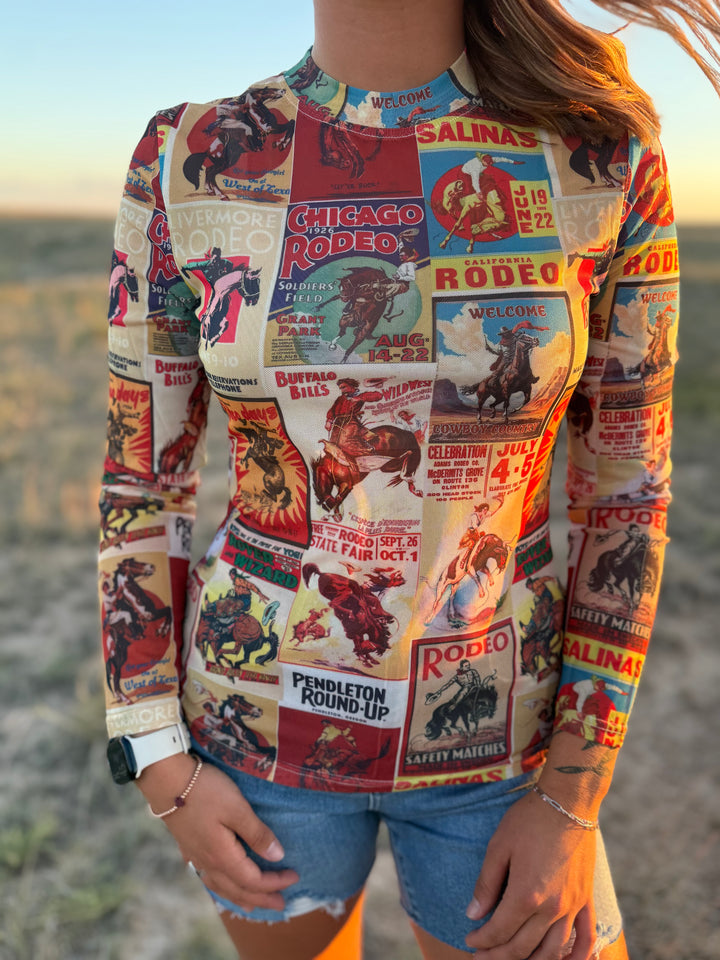 Vintage Rodeo Collage Long Sleeve Mesh Top