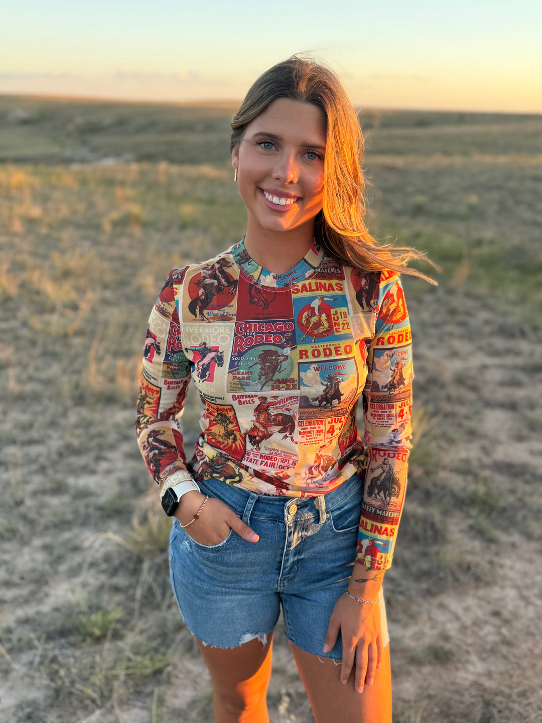 Vintage Rodeo Collage Long Sleeve Mesh Top