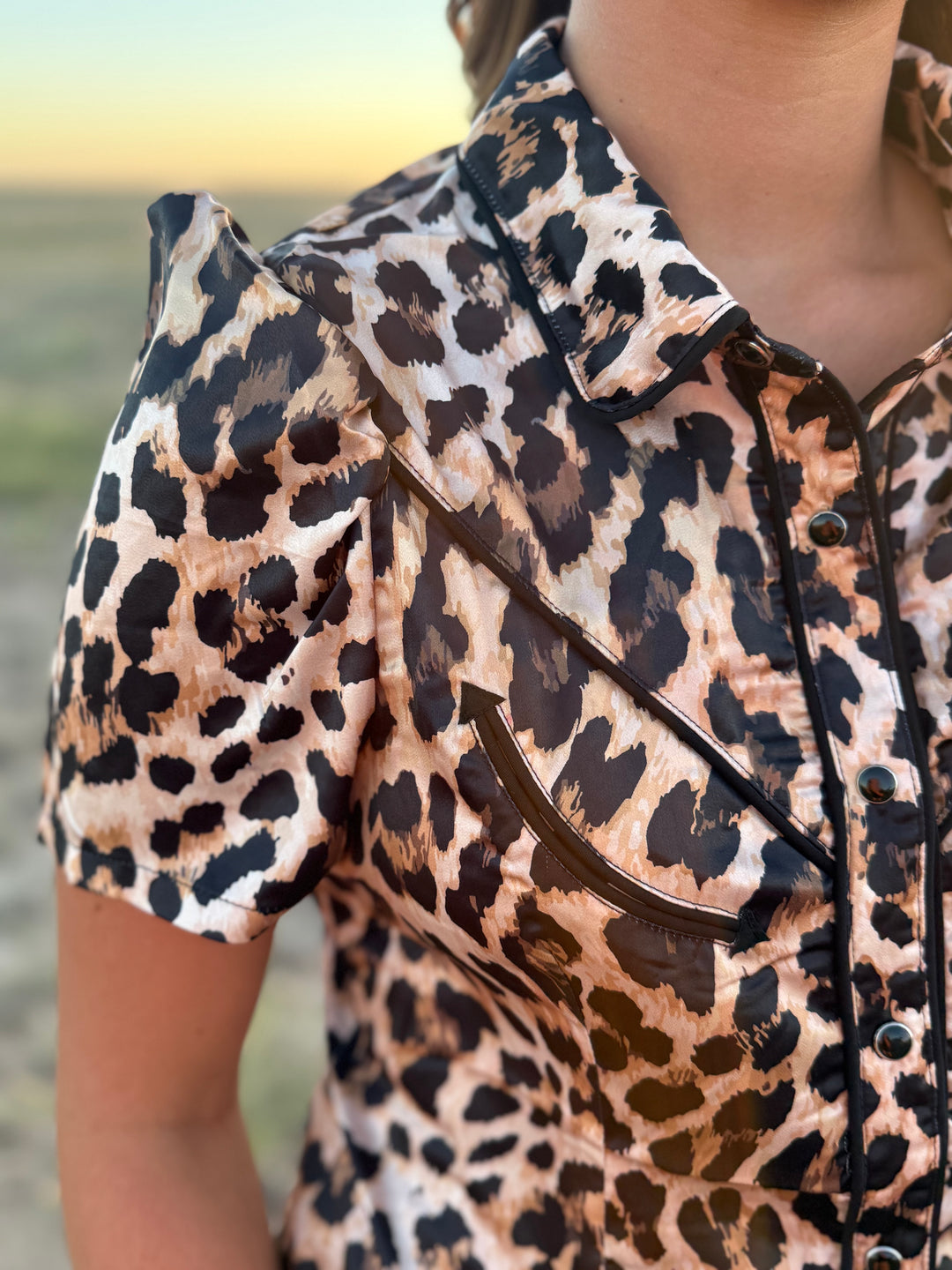 Amber Leopard Satin Contrast Arrow Pearl Snap Top