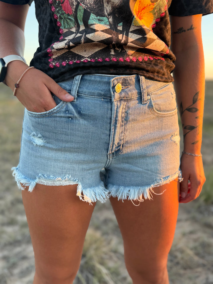 Light Wash High Rise Cut Off Distressed Denim Shorts