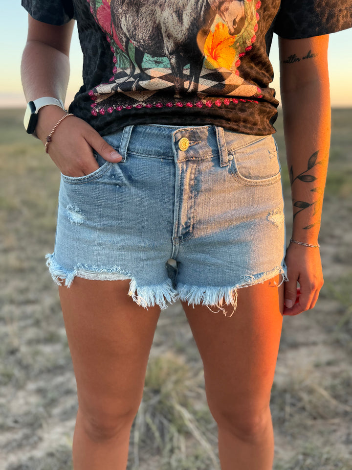 Light Wash High Rise Cut Off Distressed Denim Shorts