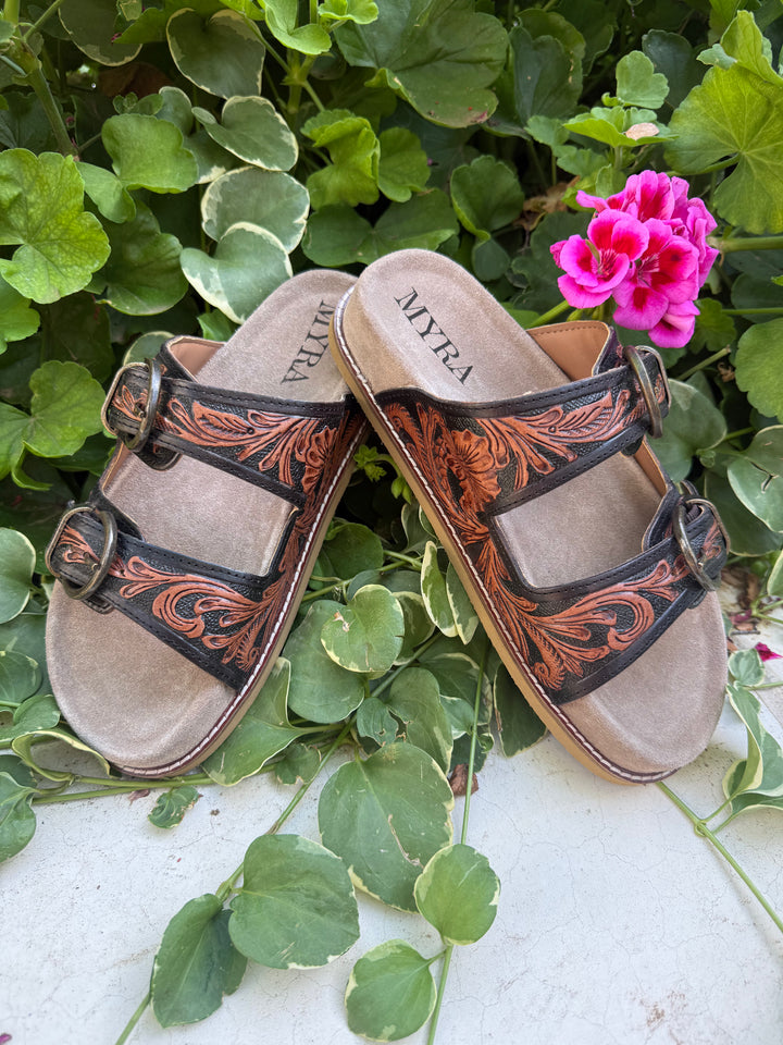 Myra Canyon Ember Bronzed Brown Handtooled Leather Sandals