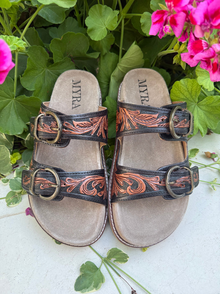 Myra Canyon Ember Bronzed Brown Handtooled Leather Sandals