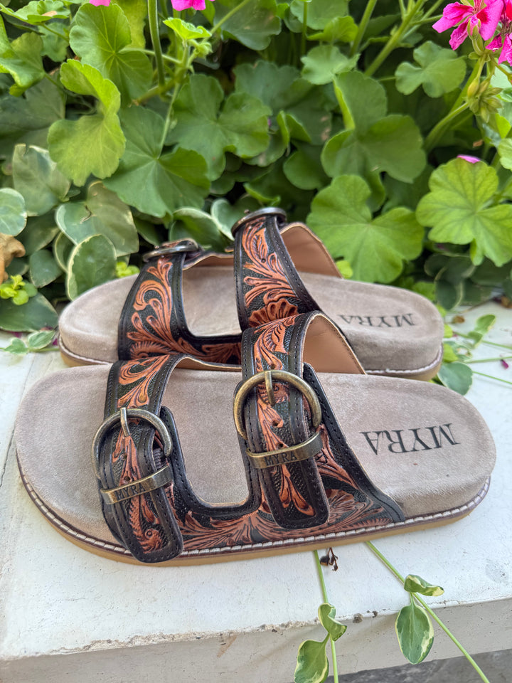 Myra Canyon Ember Bronzed Brown Handtooled Leather Sandals