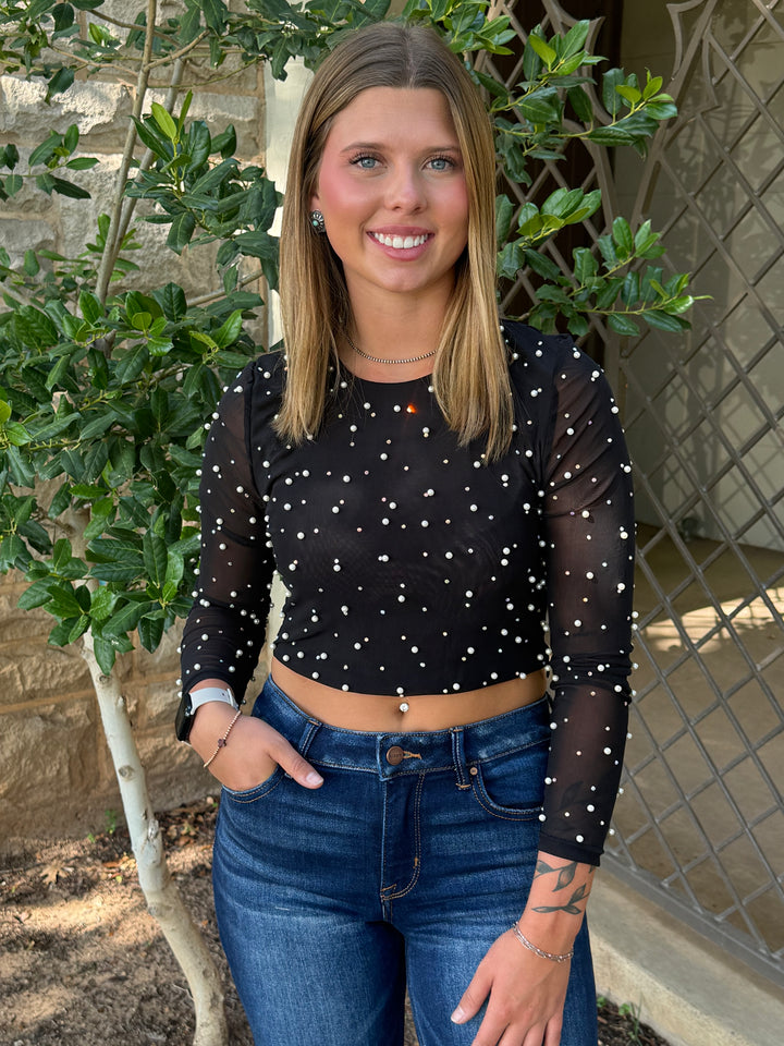 Black Pearl Studded Long Sleeve Crop Top