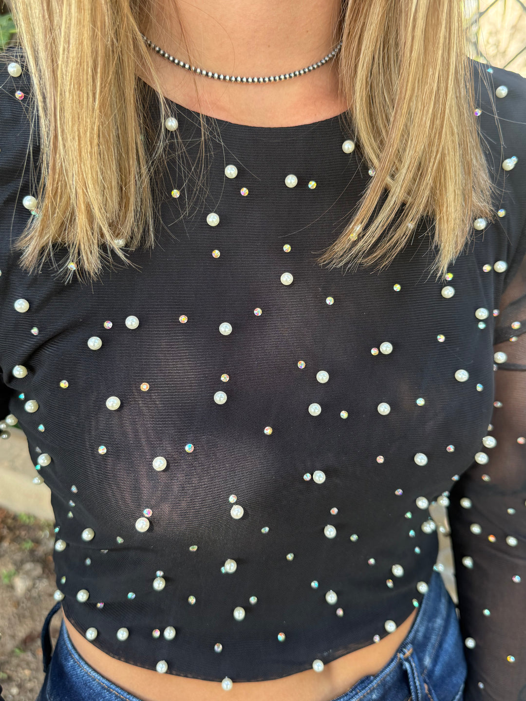 Black Pearl Studded Long Sleeve Crop Top