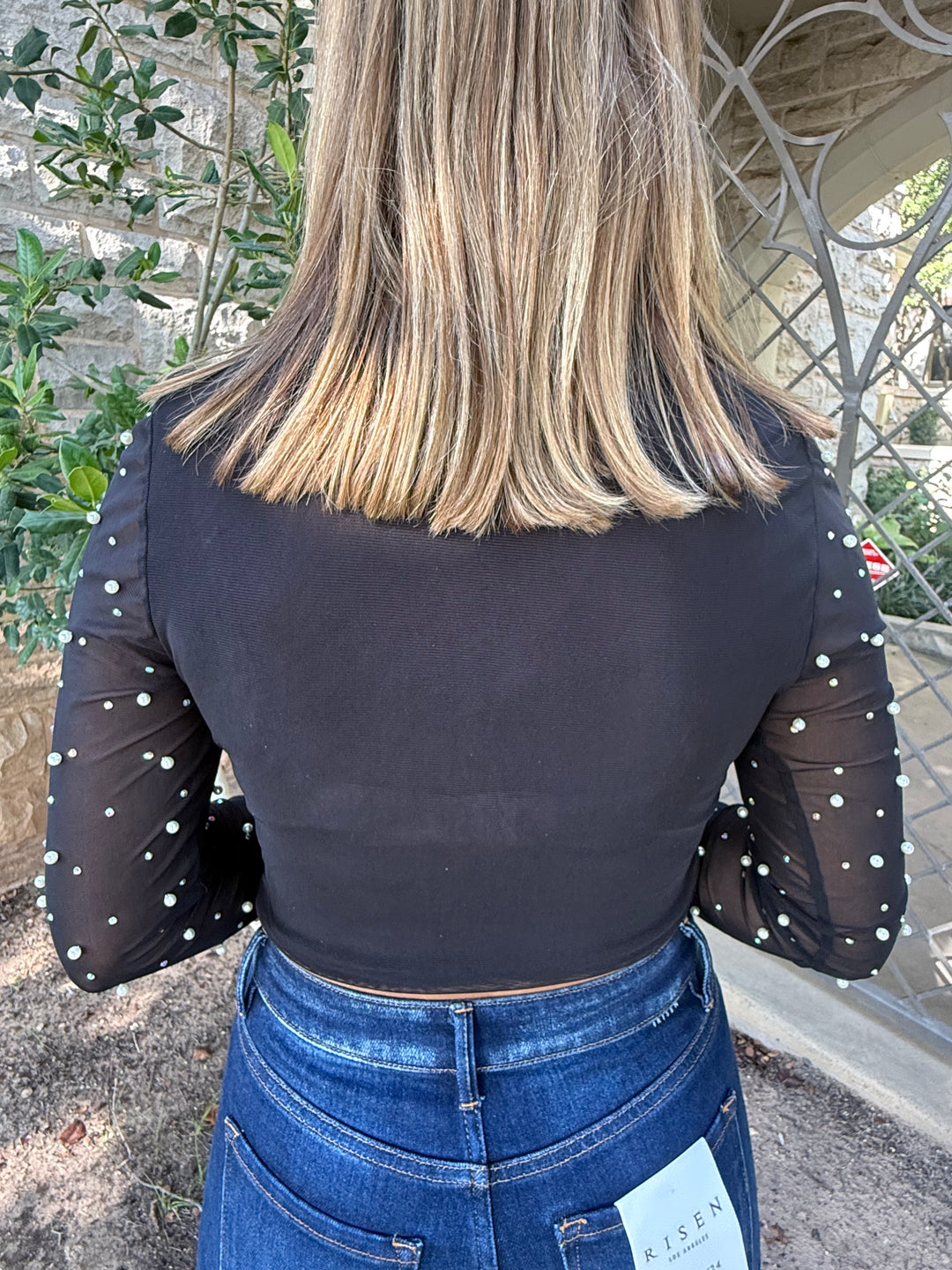 Black Pearl Studded Long Sleeve Crop Top