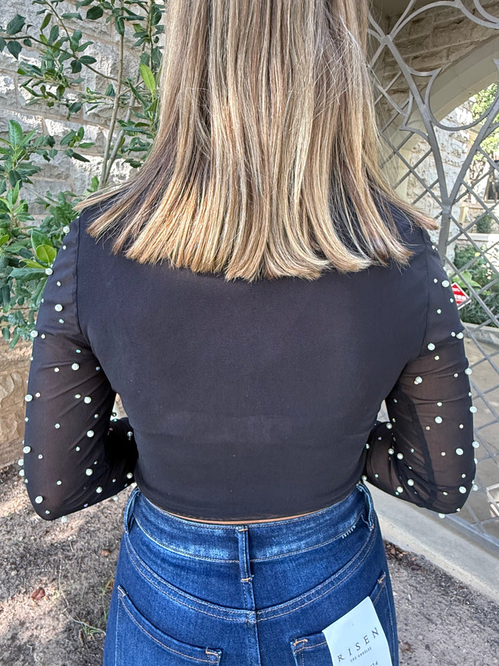 Black Pearl Studded Long Sleeve Crop Top