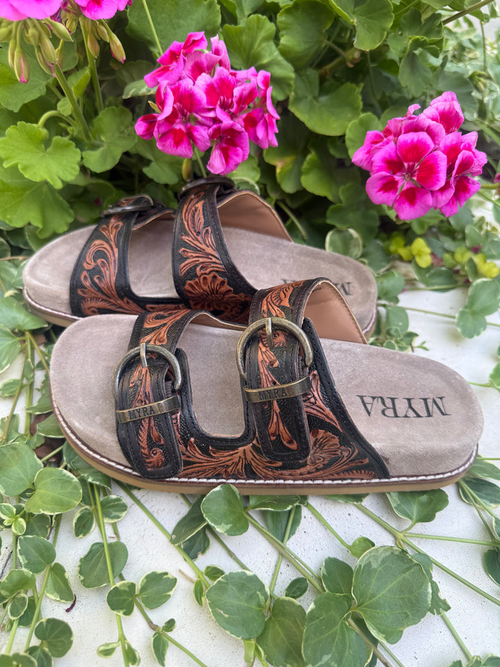 Myra Canyon Ember Bronzed Brown Handtooled Leather Sandals