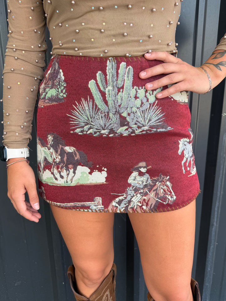 Red Jacquard Horse Woven Western Buck Stitch Skort