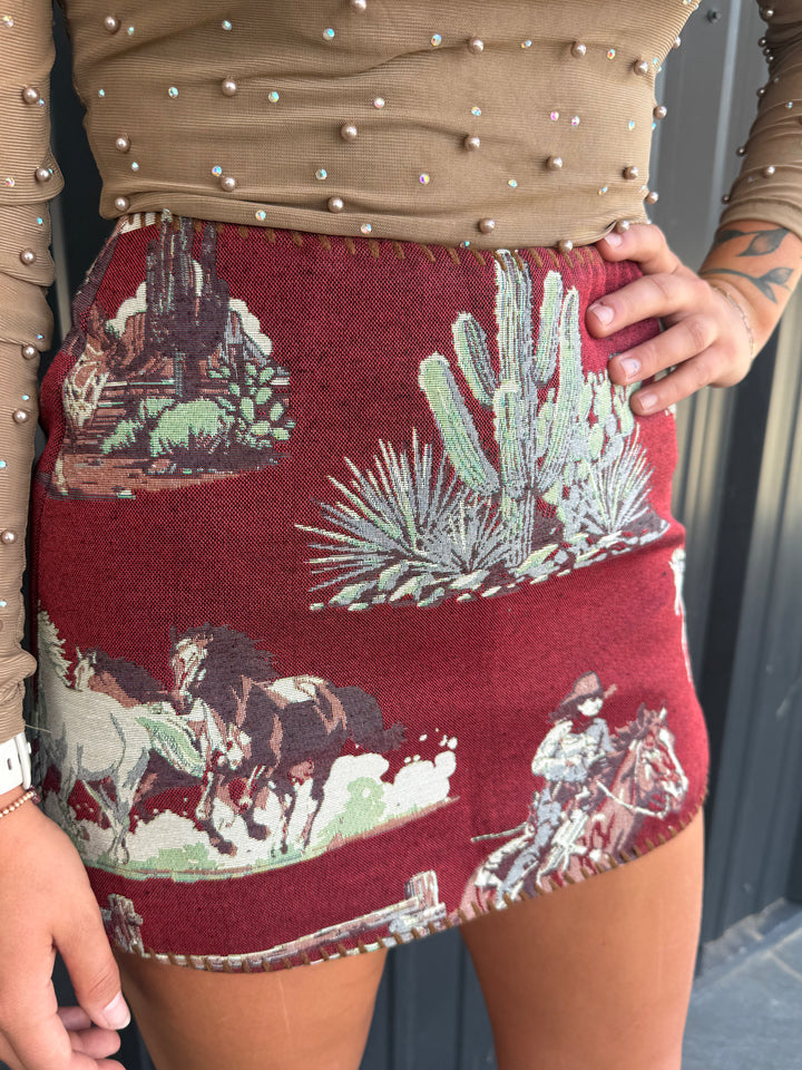 Red Jacquard Horse Woven Western Buck Stitch Skort
