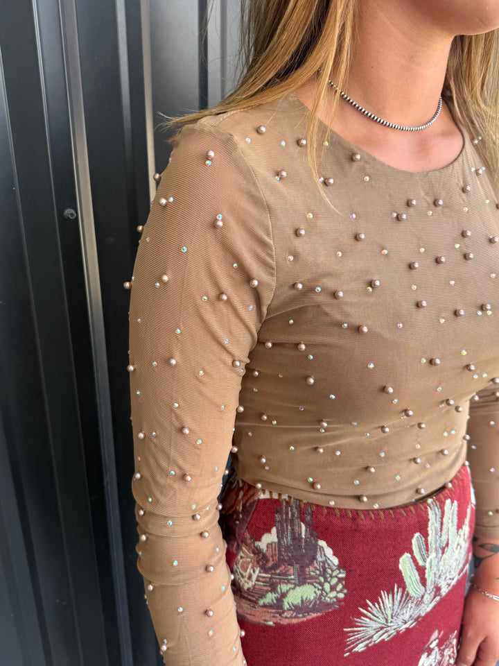 Taupe Pearl Studded Long Sleeve Crop Top
