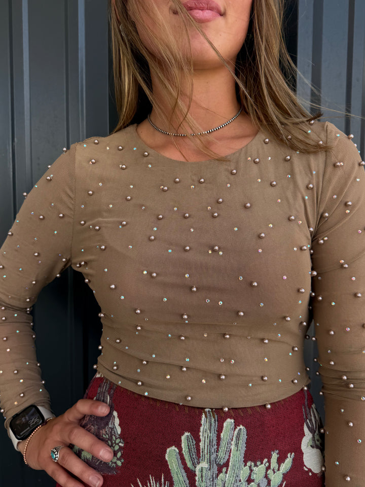 Taupe Pearl Studded Long Sleeve Crop Top