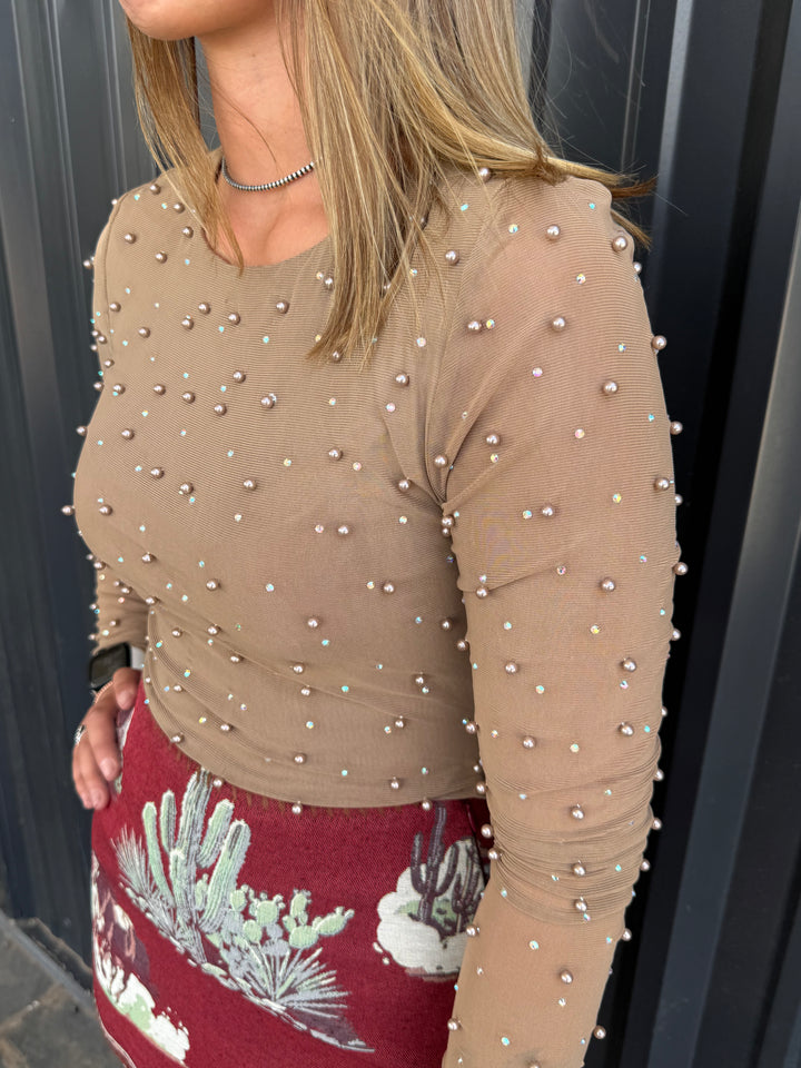 Taupe Pearl Studded Long Sleeve Crop Top