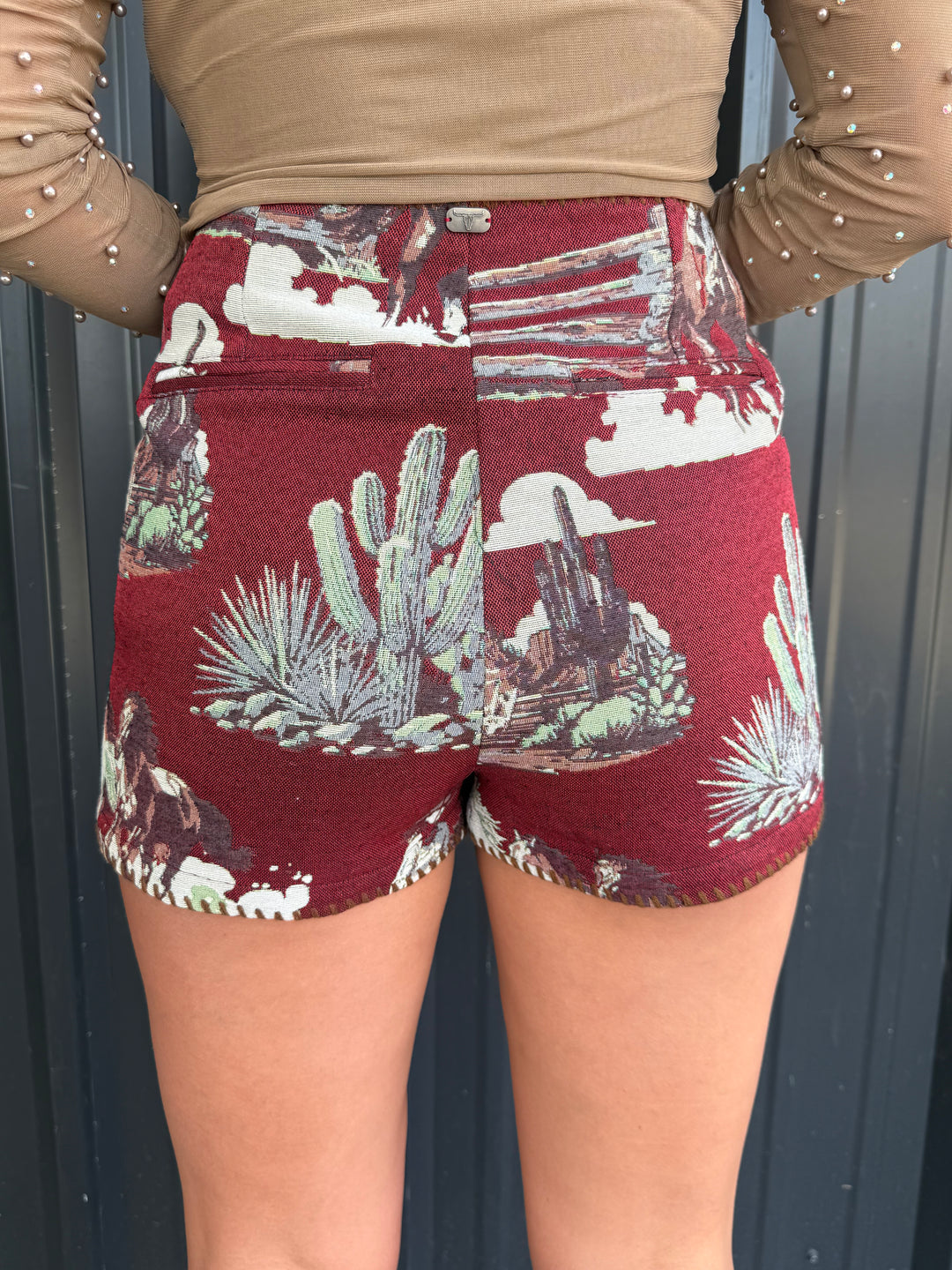 Red Jacquard Horse Woven Western Buck Stitch Skort