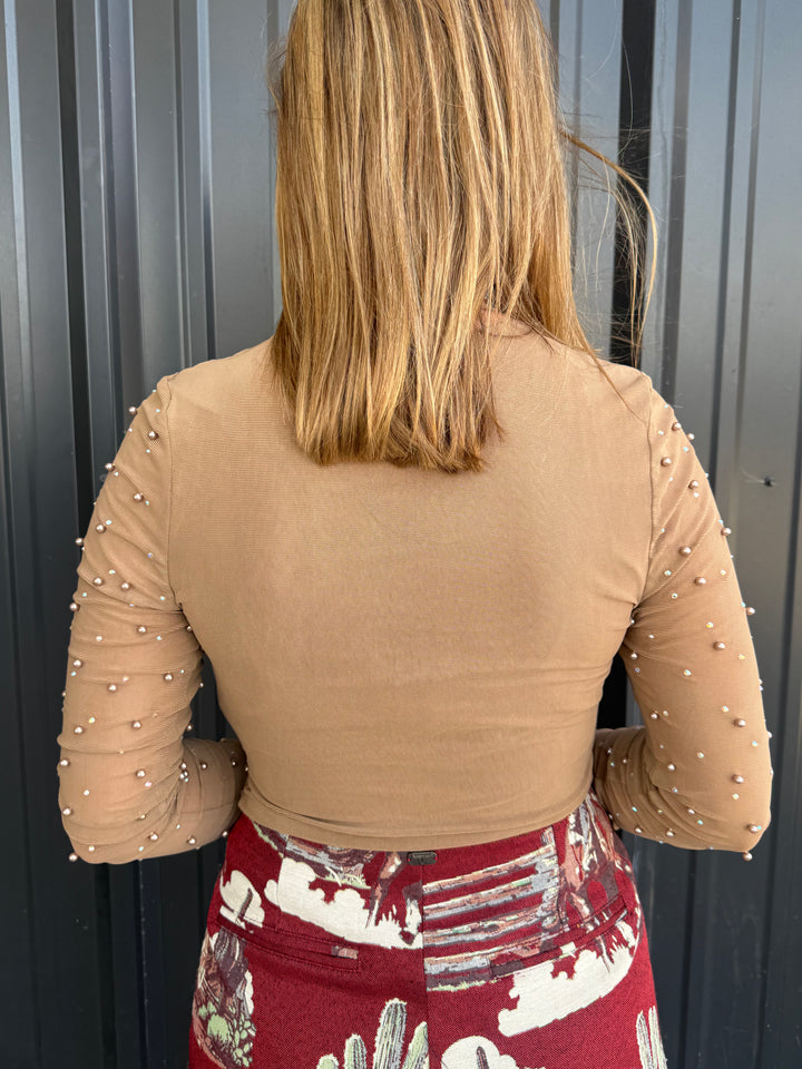 Taupe Pearl Studded Long Sleeve Crop Top