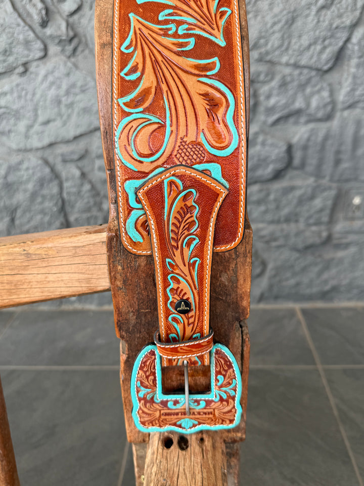 Brown & Turquoise Tooled Engraved Detail Western Statement Belt