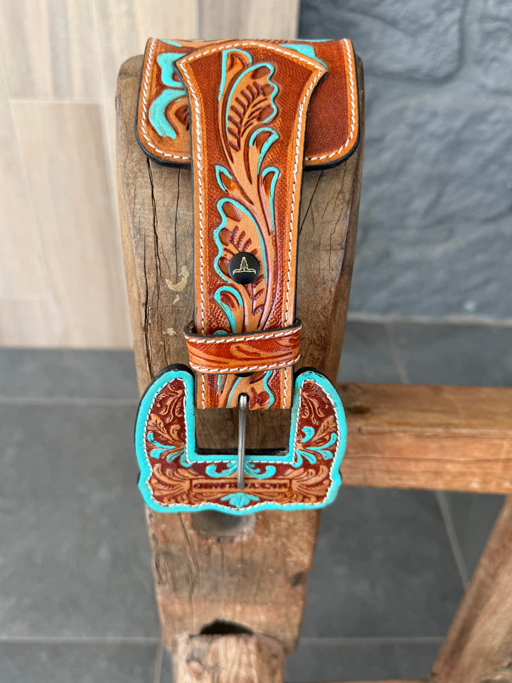 Brown & Turquoise Tooled Engraved Detail Western Statement Belt
