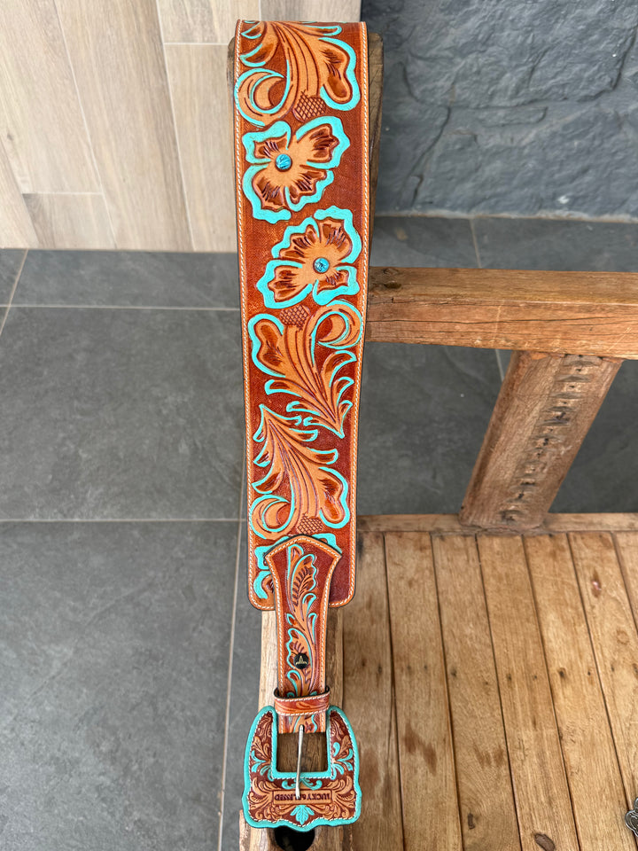 Brown & Turquoise Tooled Engraved Detail Western Statement Belt