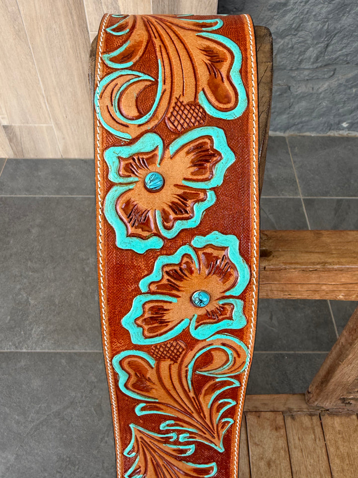 Brown & Turquoise Tooled Engraved Detail Western Statement Belt