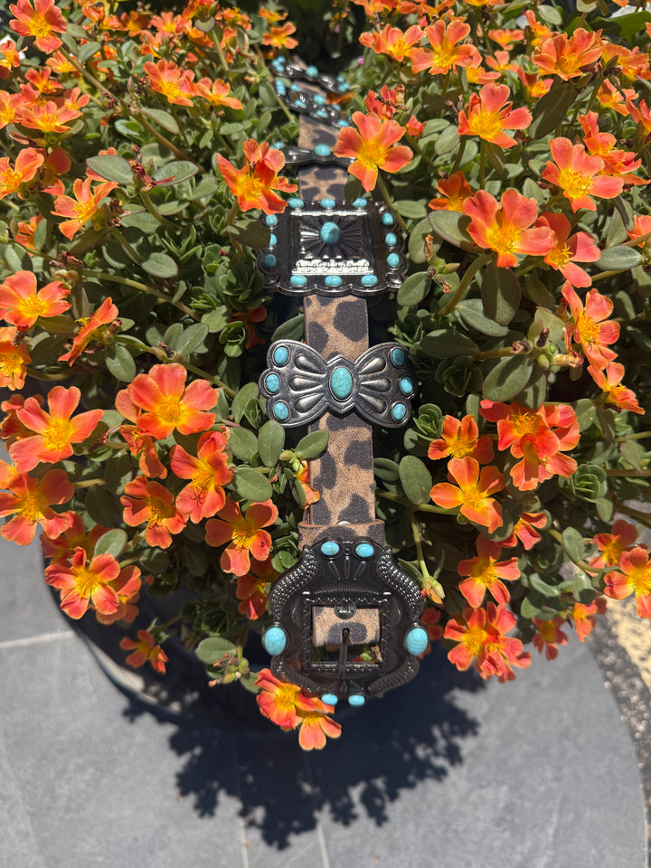 Brown Leopard Genuine Leather Turquoise Stone Ribbon Concho Belt