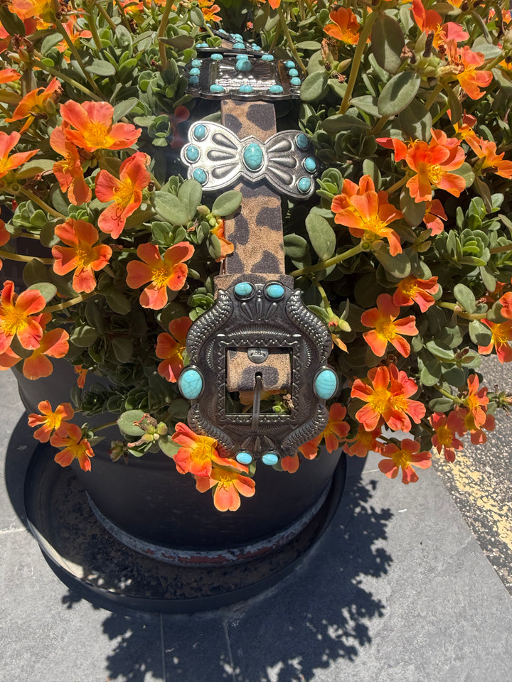 Brown Leopard Genuine Leather Turquoise Stone Ribbon Concho Belt