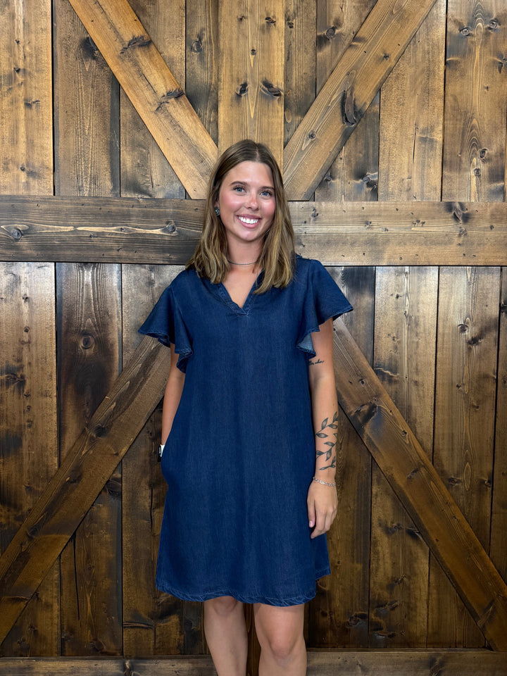 L&B Dark Wash Ruffle Short Sleeve Denim Dress