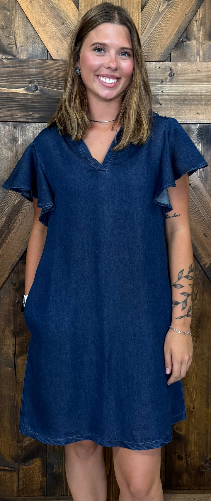 L&B Dark Wash Ruffle Short Sleeve Denim Dress