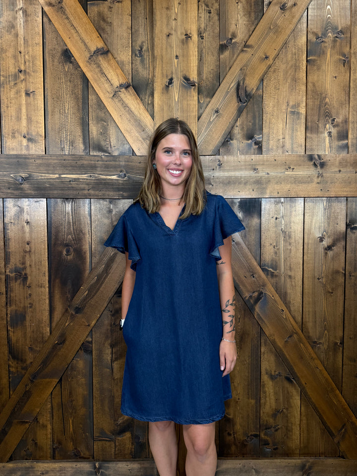 L&B Dark Wash Ruffle Short Sleeve Denim Dress