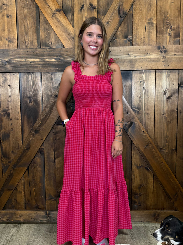 Red Plaid Ruffled Camisole Dress
