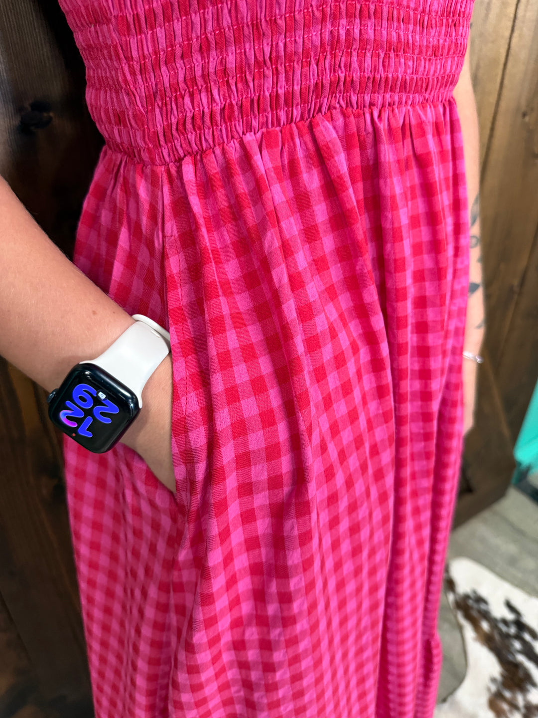 Red Plaid Ruffled Camisole Dress