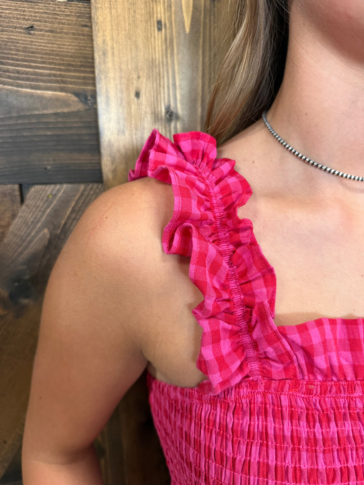 Red Plaid Ruffled Camisole Dress