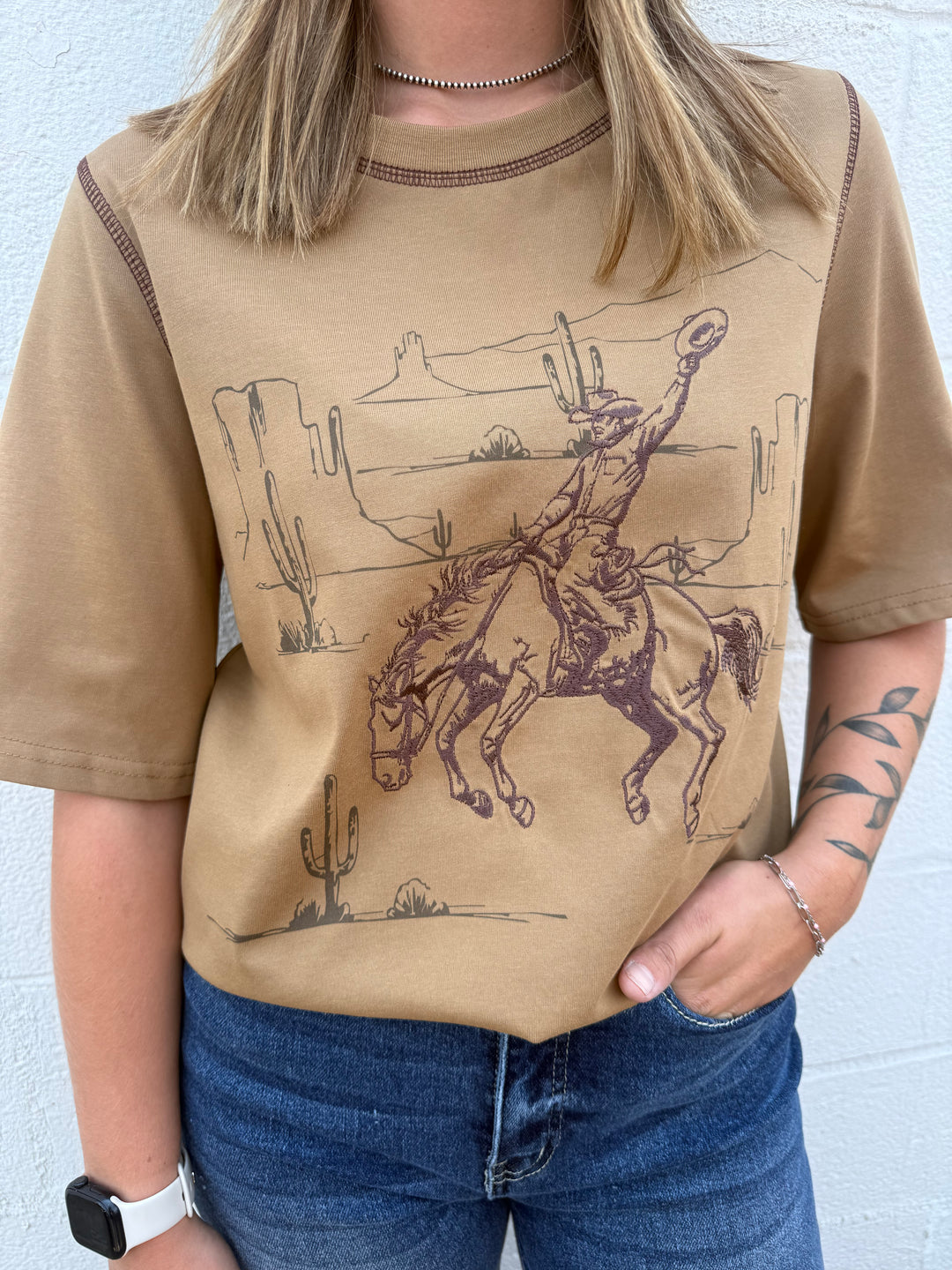 Khaki Western Print Contrast Stitch Short Sleeve Top