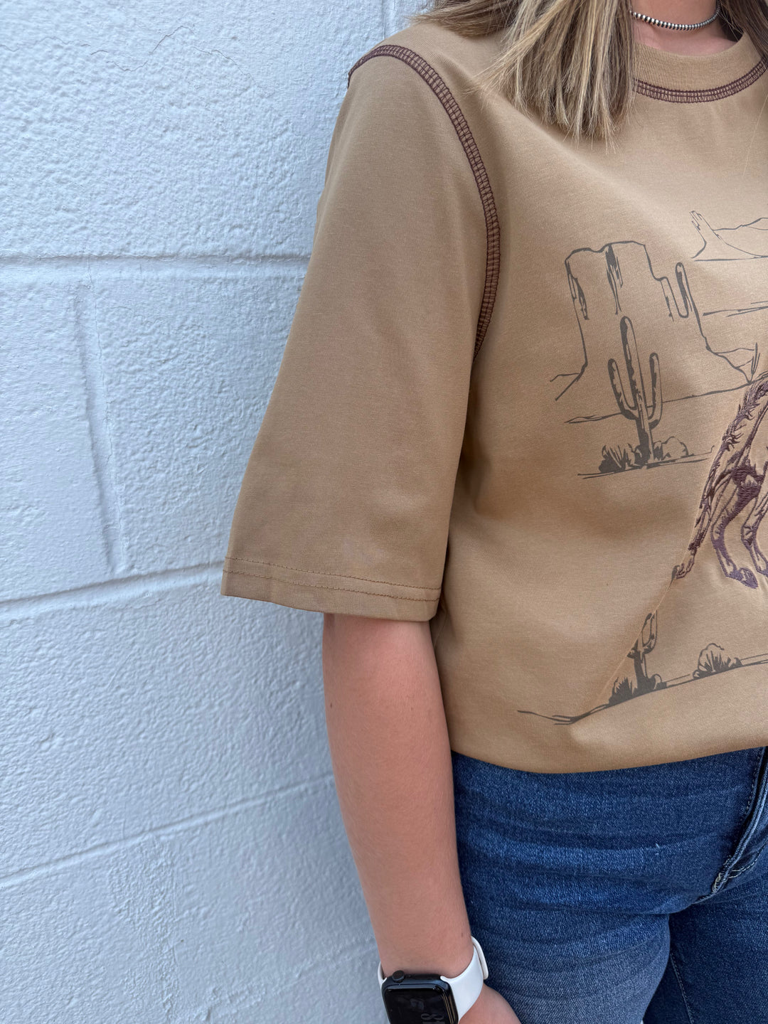 Khaki Western Print Contrast Stitch Short Sleeve Top