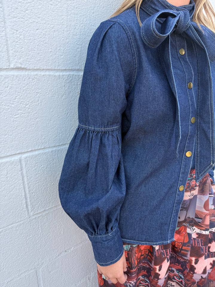 Dark Wash Puff Long Sleeve Bow Tie Denim Top