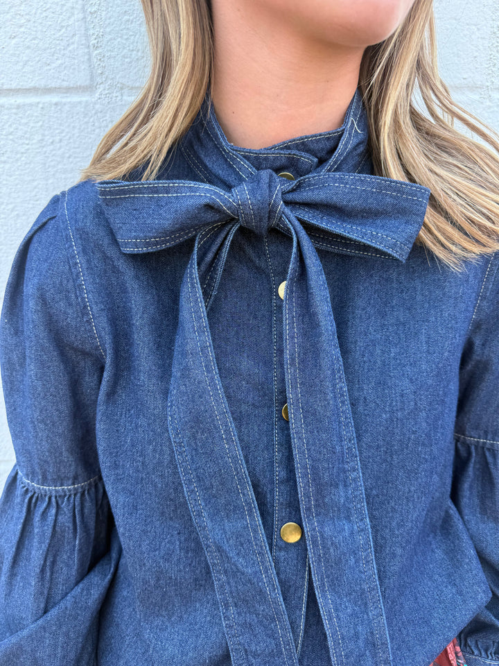 Dark Wash Puff Long Sleeve Bow Tie Denim Top