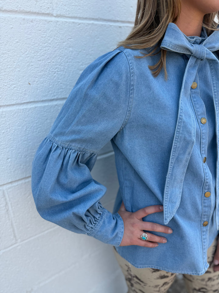 Light Wash Puff Long Sleeve Bow Tie Denim Top