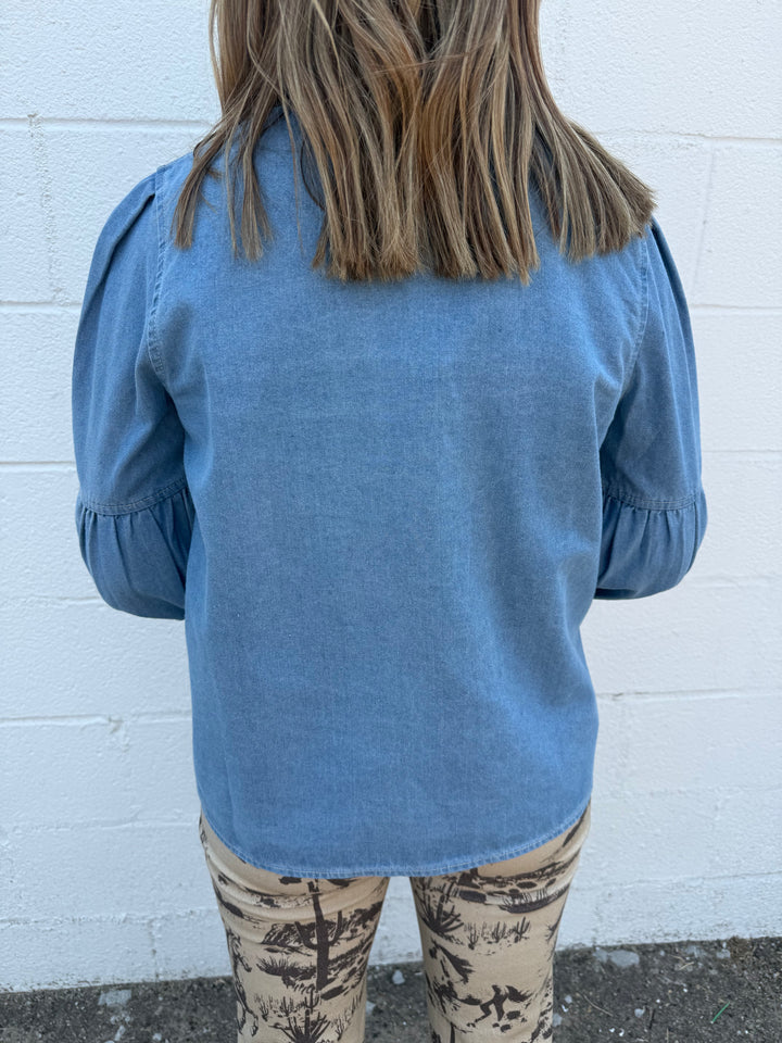 Light Wash Puff Long Sleeve Bow Tie Denim Top