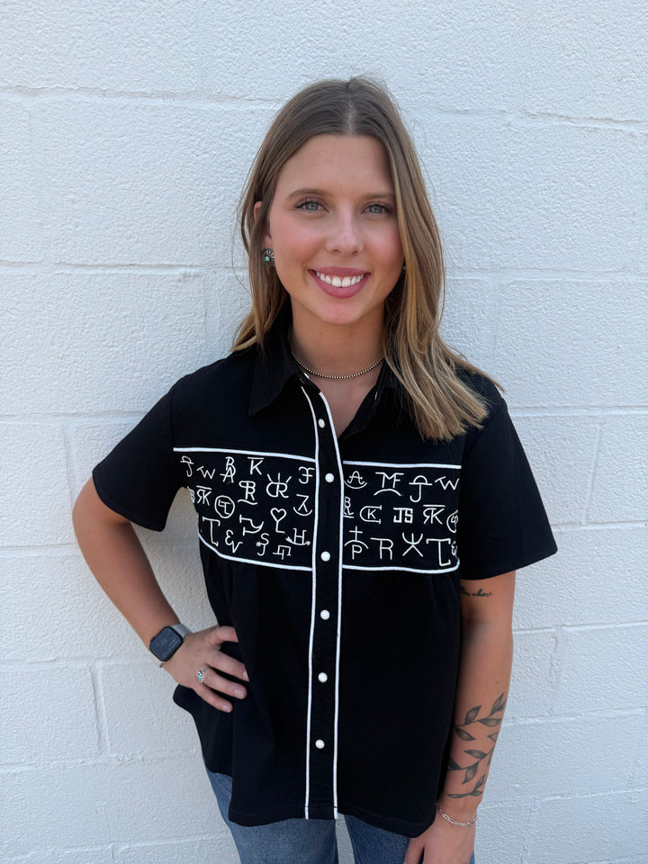 Black Cattle Brand Embroidered Snap Button Western Top